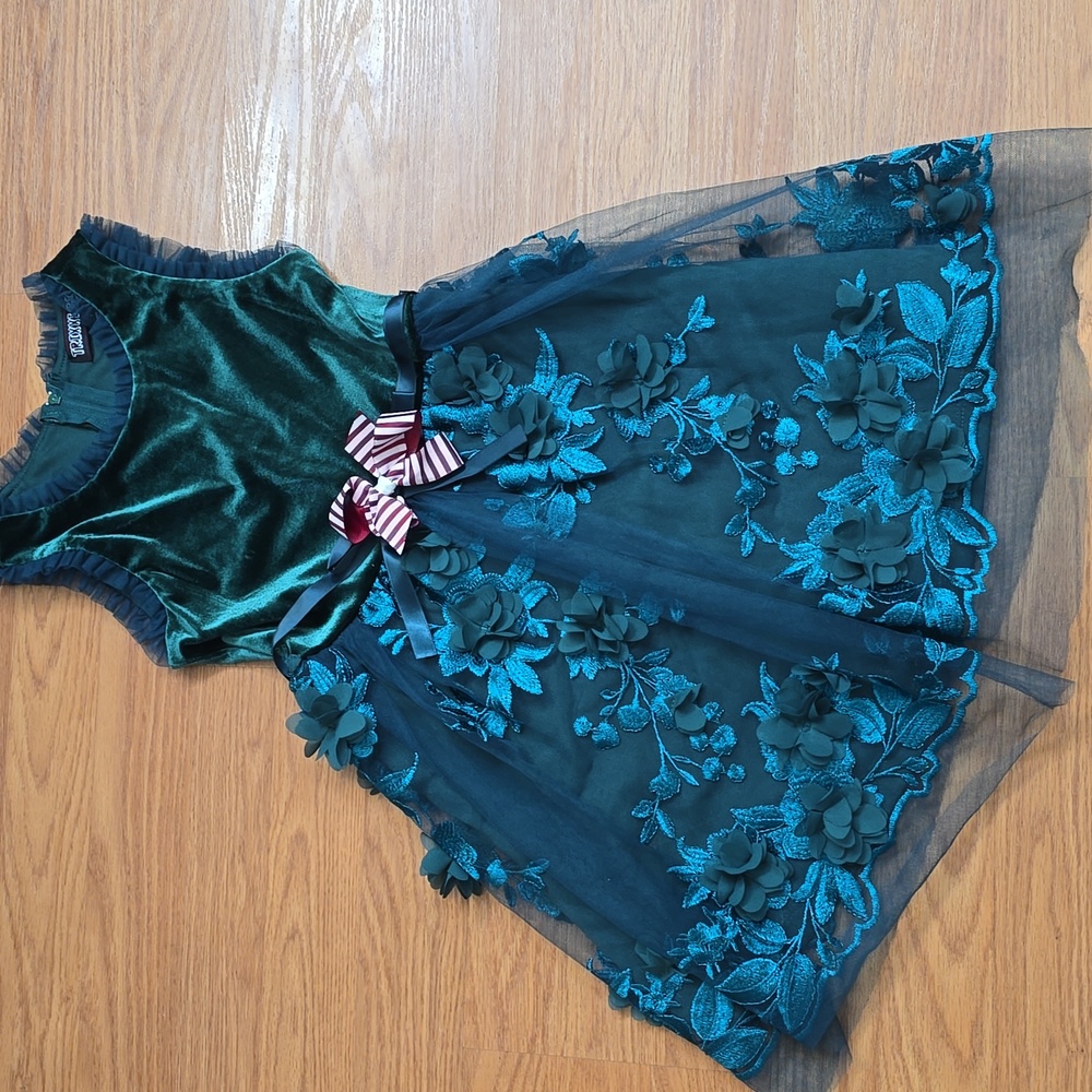 Trixxi Girl Green Velvet Floral Dress Red Striped Ribbon Size 7